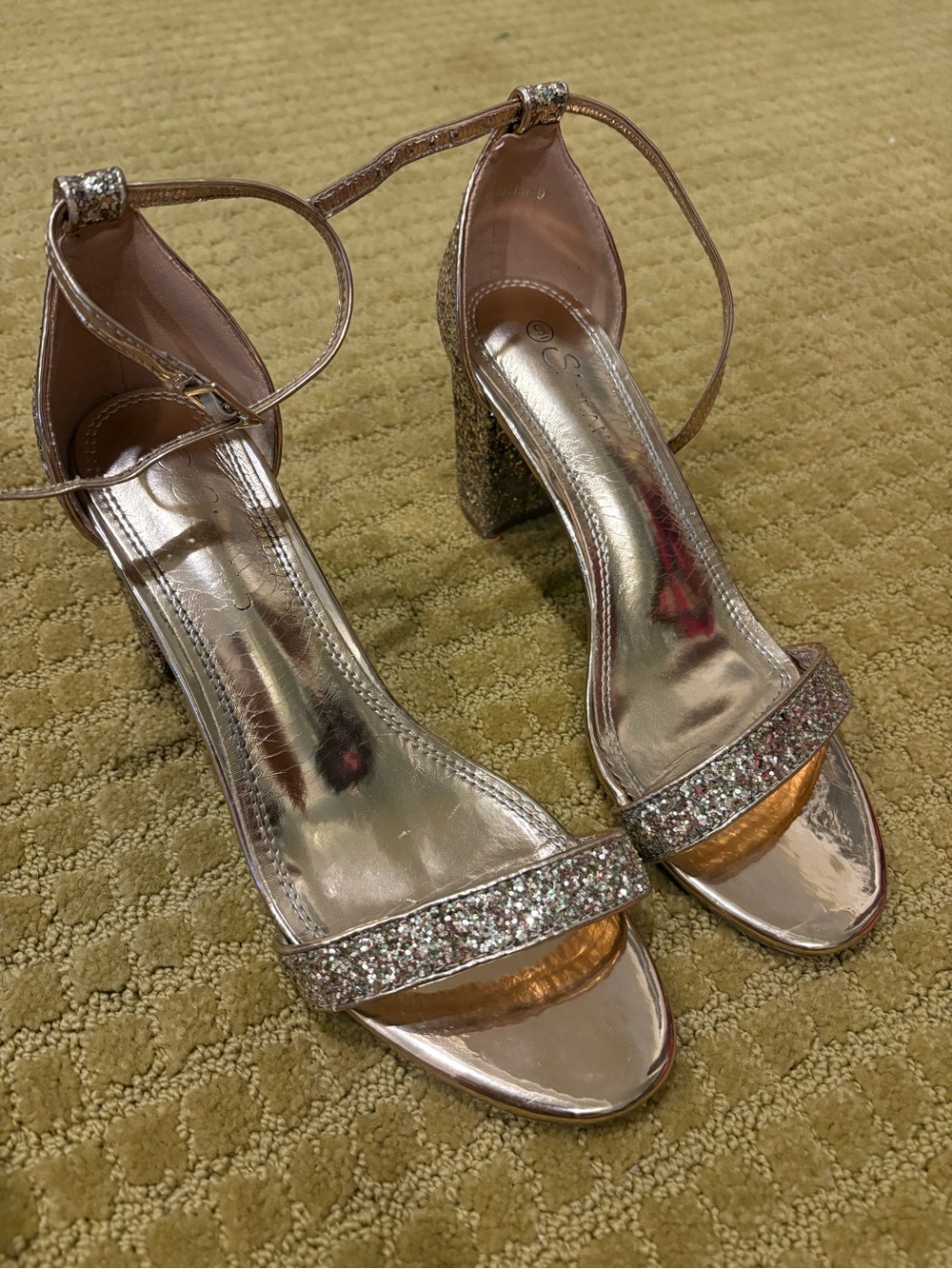 Metallic Rose Gold Glitter Block Heel Sandals